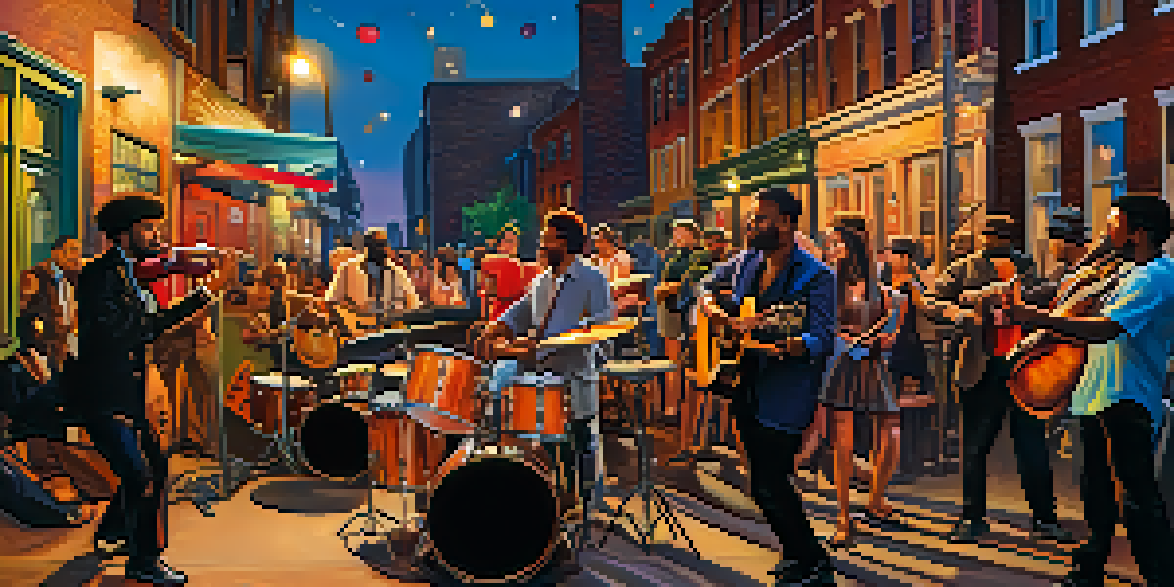 A lively street performance in Williamsburg, NYC, featuring diverse musicians playing instruments with an engaged audience.