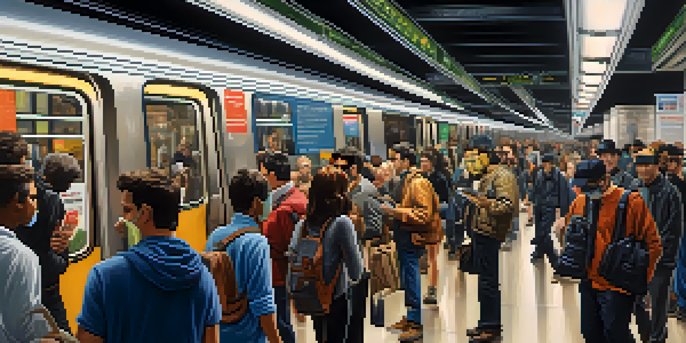 A crowded subway station in New York City with commuters wearing masks, engaging in activities like reading and texting, with a train arriving in the background.