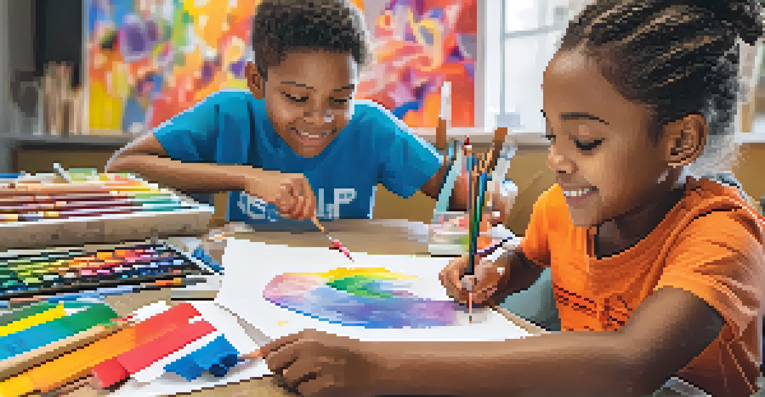 A volunteer assisting a child with an art project in a shelter, surrounded by colorful art supplies and artwork.