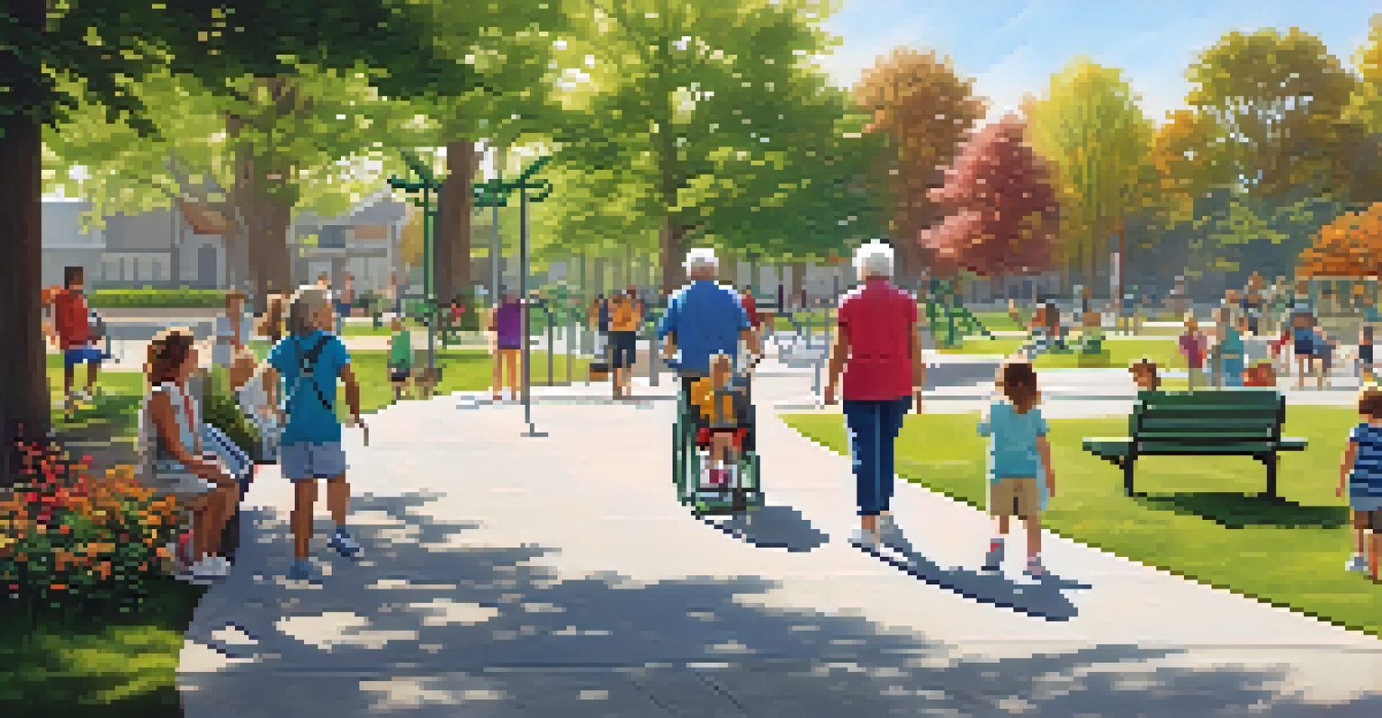 A multi-generational park featuring grandparents walking on a path, children playing in the playground, and adults exercising, surrounded by lush greenery and flowers.