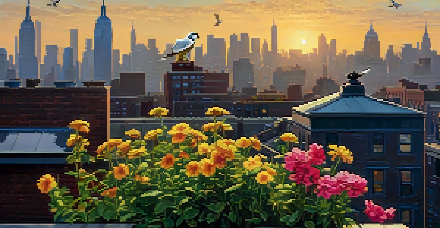 A rooftop garden in NYC at sunrise with a Peregrine Falcon soaring above and vibrant flowers attracting House Sparrows and American Goldfinches.