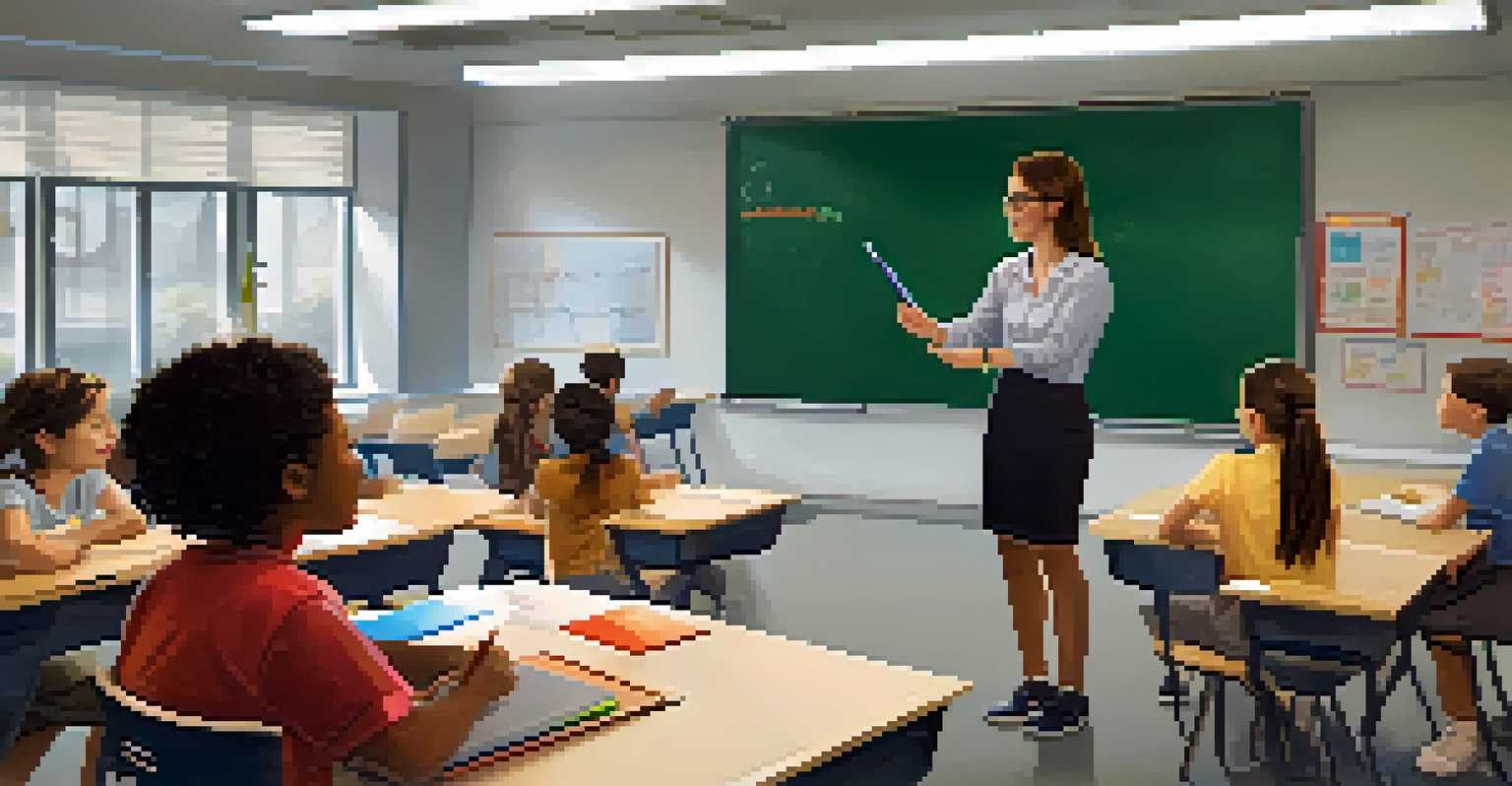 A teacher engaging with students in a modern classroom, surrounded by learning materials and digital devices.