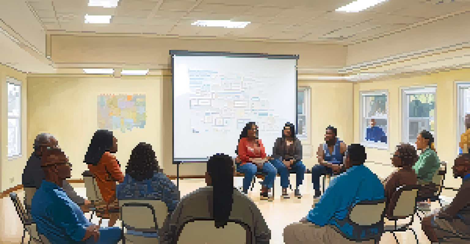 A town hall meeting in a community center with residents discussing housing issues. A diverse group shares thoughts in a well-lit room adorned with community artwork.