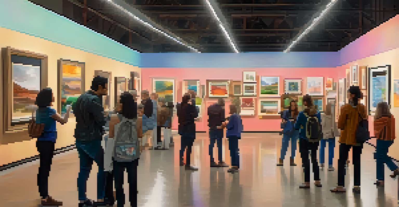 A gallery featuring local art with diverse visitors admiring the exhibition and taking photographs.