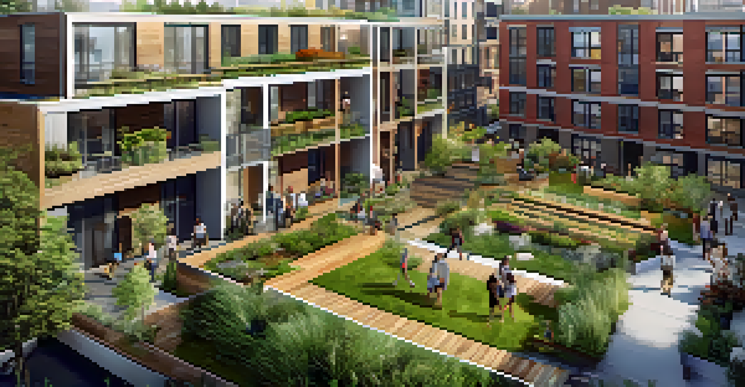 An architectural design of a mixed-income housing development in NYC, showcasing eco-friendly features and diverse people in a communal area.