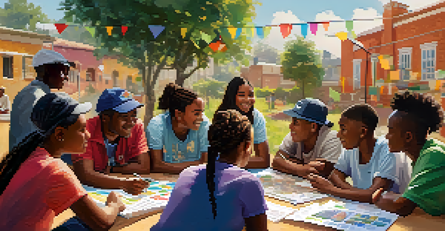 Young people collaborating with local leaders on a community project, surrounded by charts and posters in an outdoor setting.