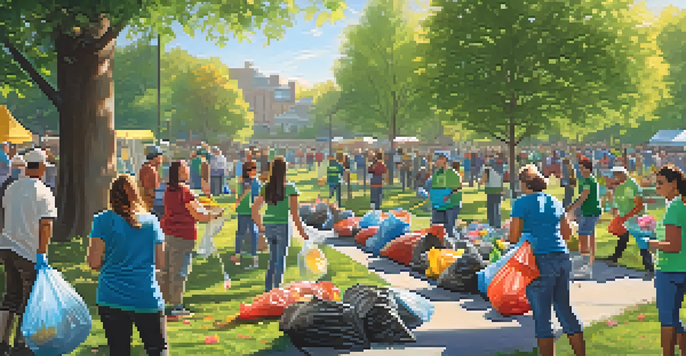 A diverse group of people participating in a community clean-up in a sunny park, picking up litter and promoting environmental stewardship.