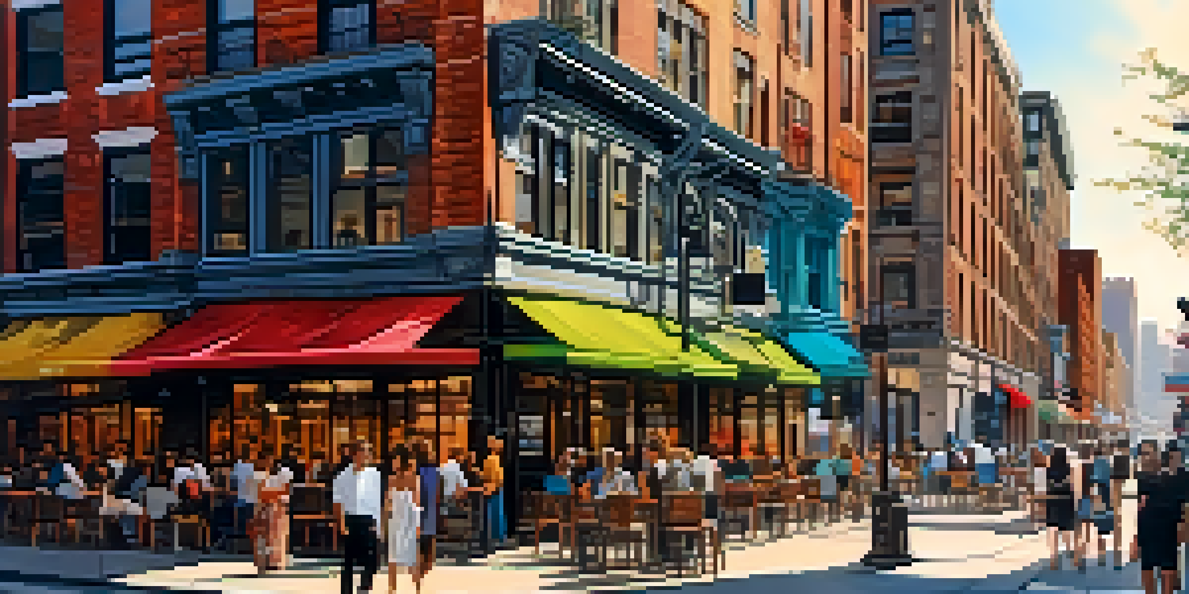A lively street view of The Bowery in Manhattan, featuring a mix of historic and modern buildings with people enjoying the atmosphere.