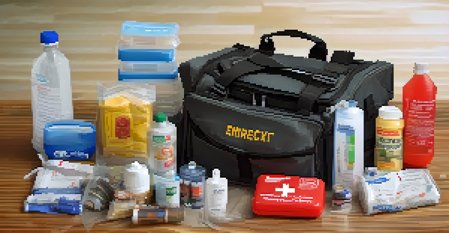 An organized emergency kit on a wooden table, showcasing essential supplies like food, water, and a first aid kit.