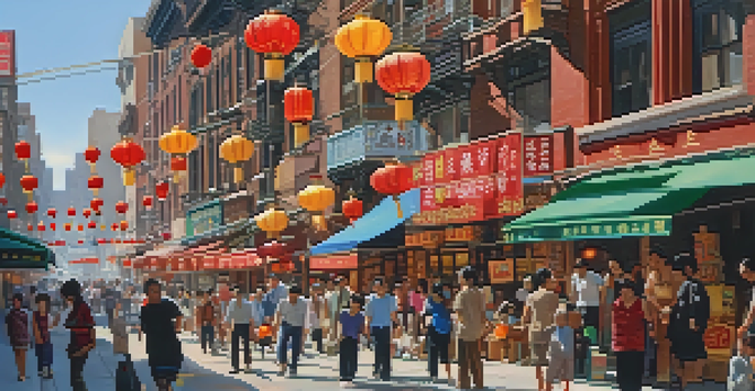 A lively street in Chinatown, New York City, with colorful storefronts and diverse pedestrians.