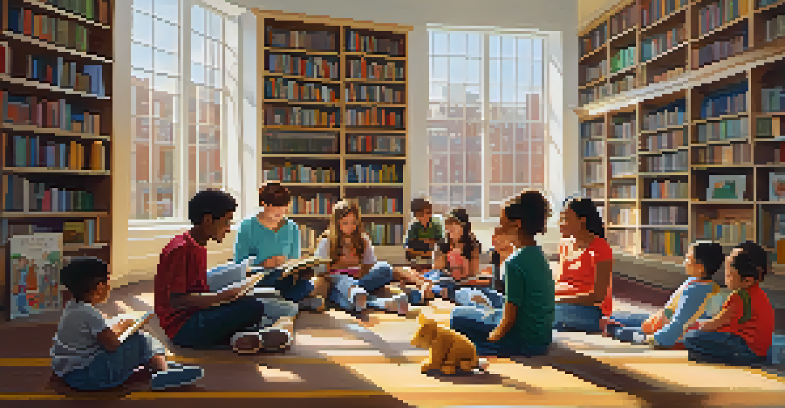 A group of parents sitting in a circle at a library, sharing experiences and supporting each other, with children playing nearby.