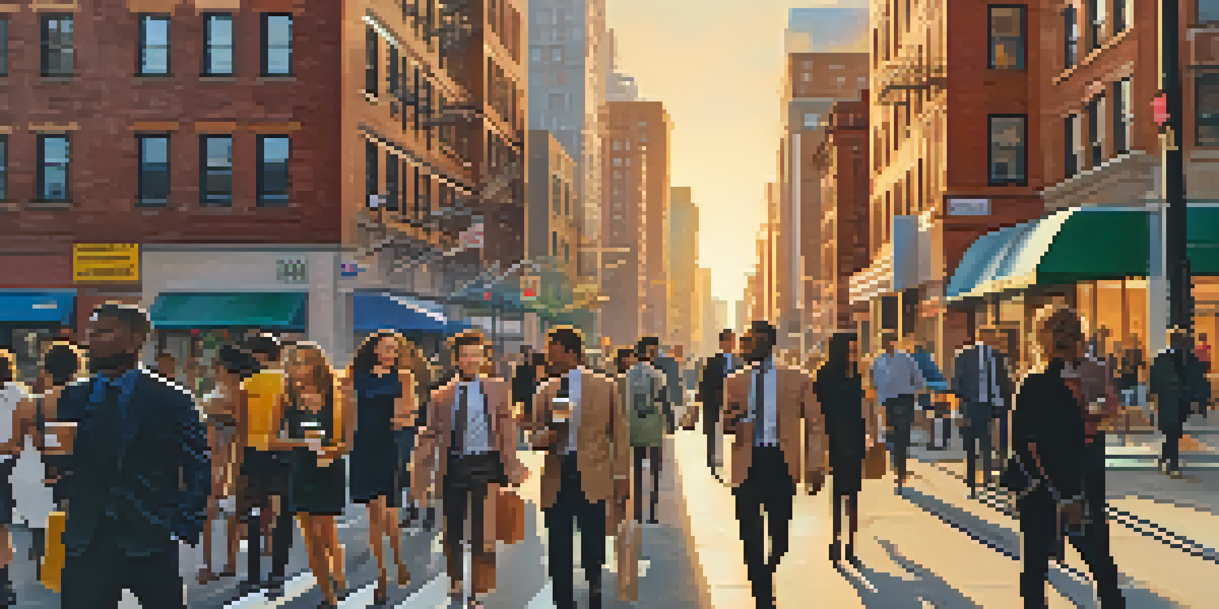 A lively New York City street filled with young professionals, modern buildings, and warm sunset lighting.