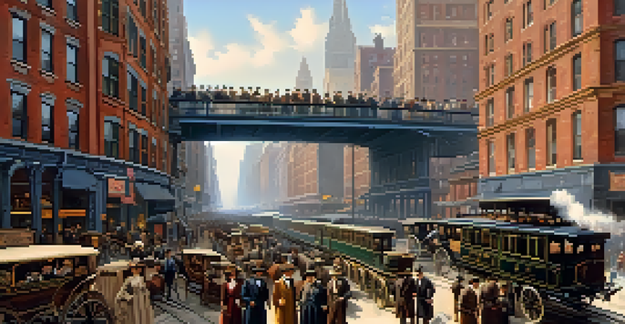 A historical scene of a busy New York City street with an elevated train above, horse-drawn carriages, and bustling pedestrians.