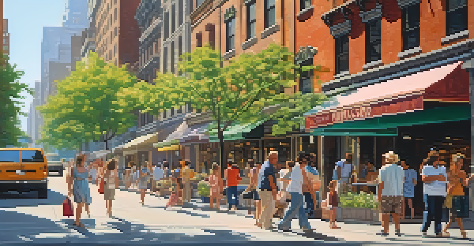 A vibrant street scene in New York City with pedestrians enjoying summer under the shade of trees.