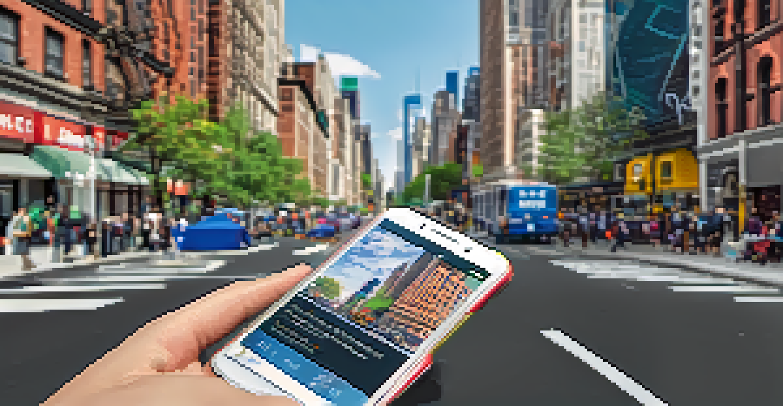 A close-up of a hand holding a smartphone displaying the NYC 311 app, set against a blurred busy New York City street.
