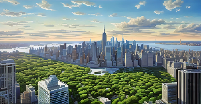 Aerial view of New York City featuring One Bryant Park among other green buildings, bathed in morning light.