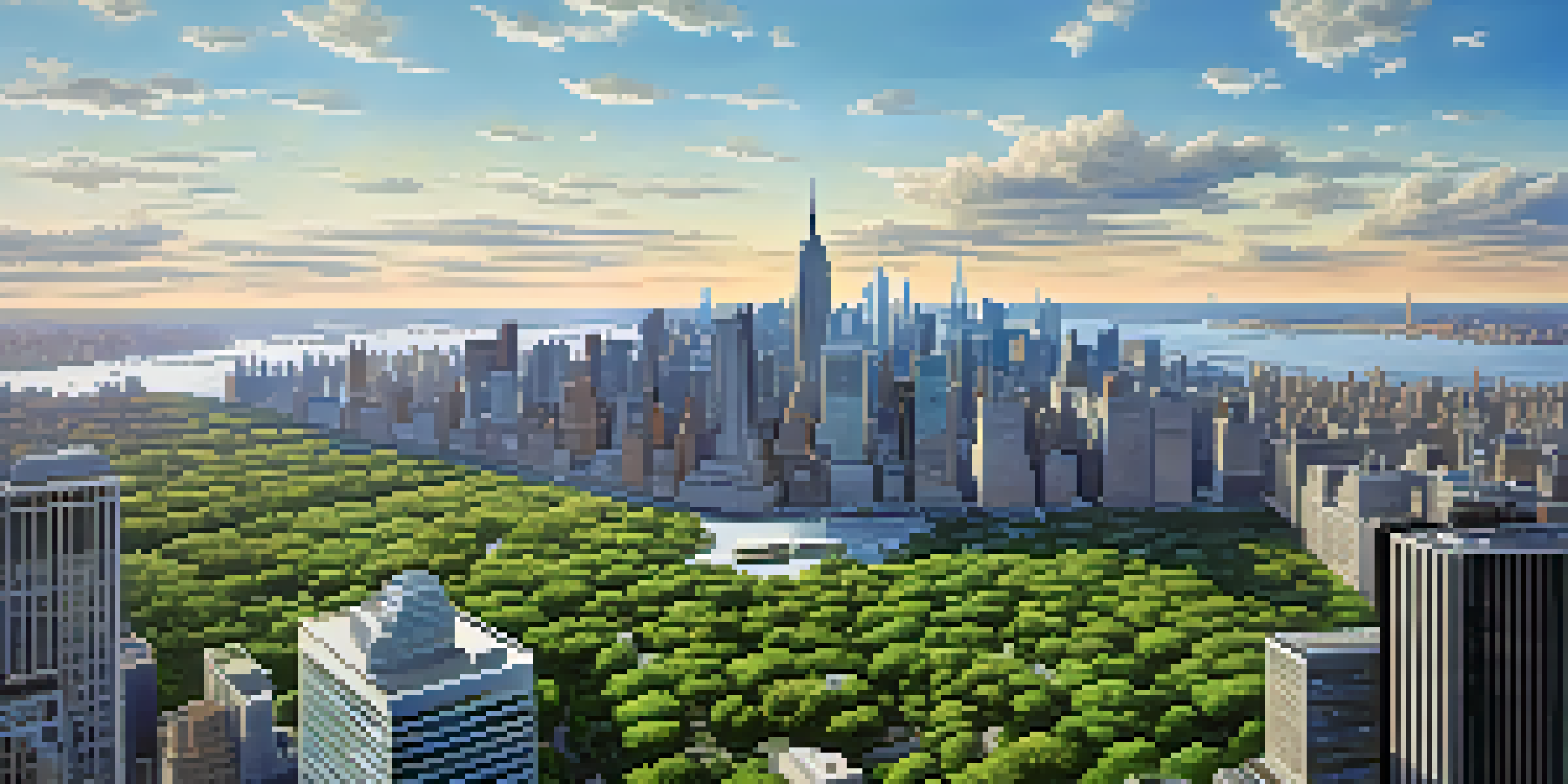 Aerial view of New York City featuring One Bryant Park among other green buildings, bathed in morning light.
