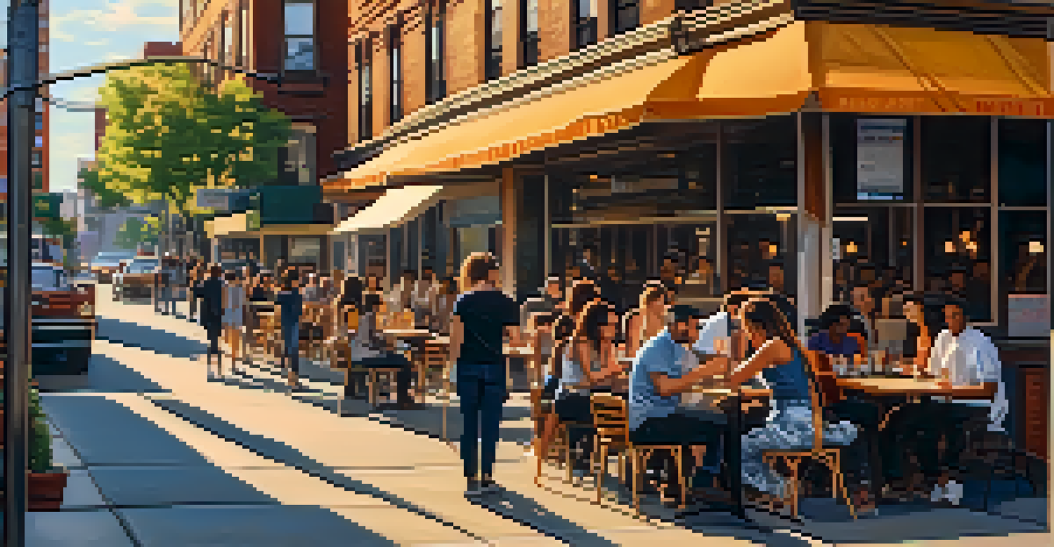 A trendy Brooklyn street scene with people enjoying food trucks, street art, and outdoor cafés under a sunset sky.