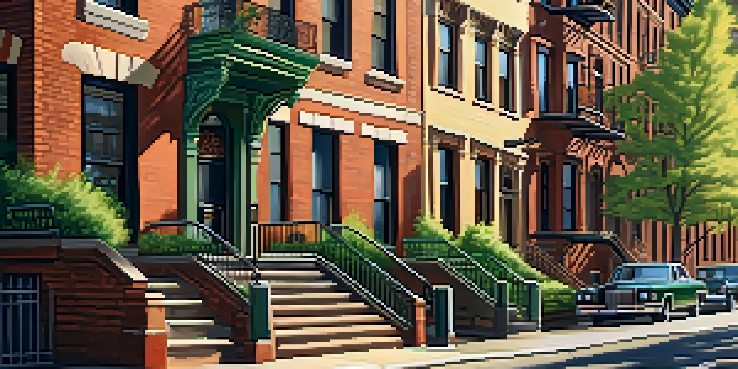 A historic New York City street with preserved brownstone buildings under warm sunlight, lined with trees and vintage lampposts.