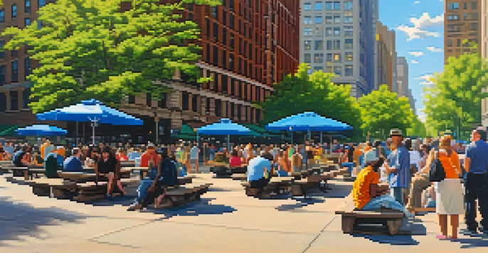 A lively public square in NYC with people of various backgrounds, colorful benches, street performers, and greenery under sunlight.