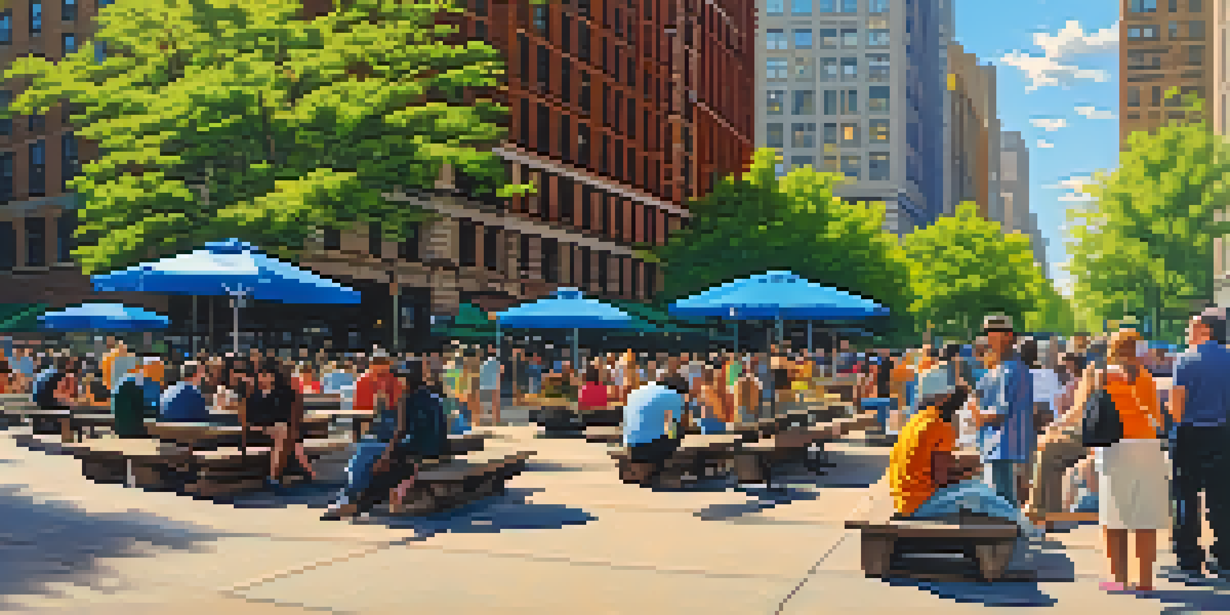 A lively public square in NYC with people of various backgrounds, colorful benches, street performers, and greenery under sunlight.