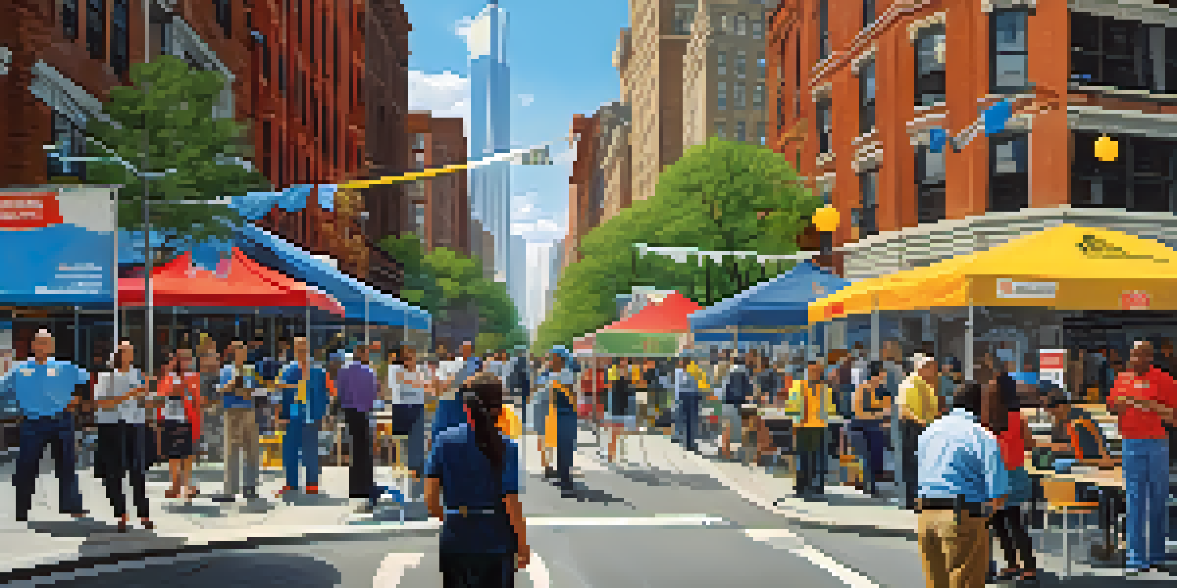 A lively New York City street filled with residents participating in a disaster preparedness workshop, with colorful banners and informational tables.