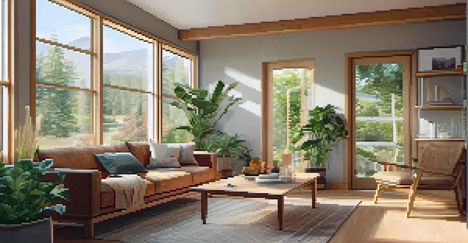 A cozy living room in a Passive House with natural wood furniture, large windows, and indoor plants.