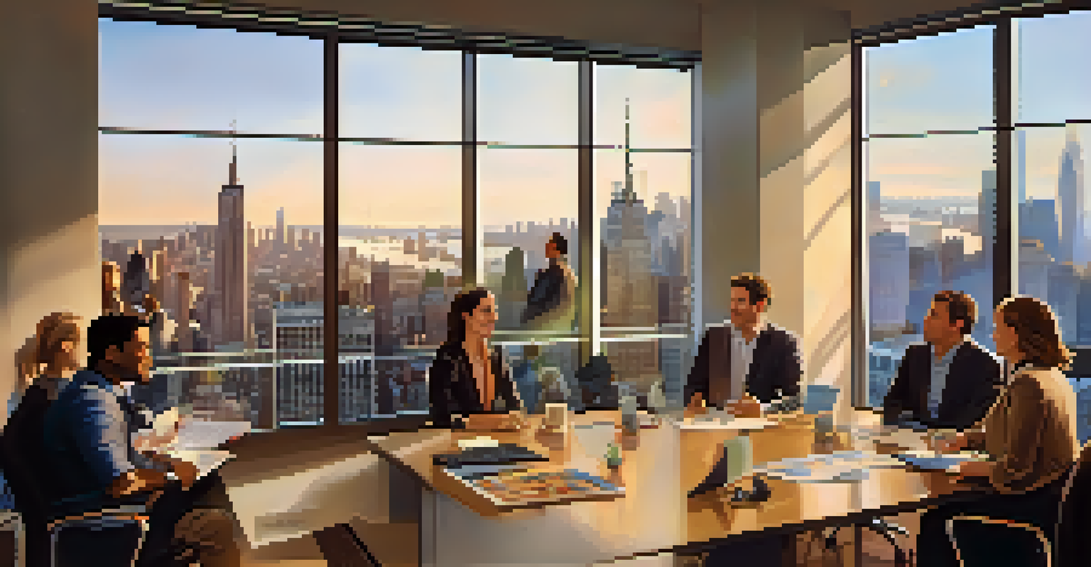 Employees in a corporate office discussing philanthropy initiatives with a view of the New York City skyline at sunset.