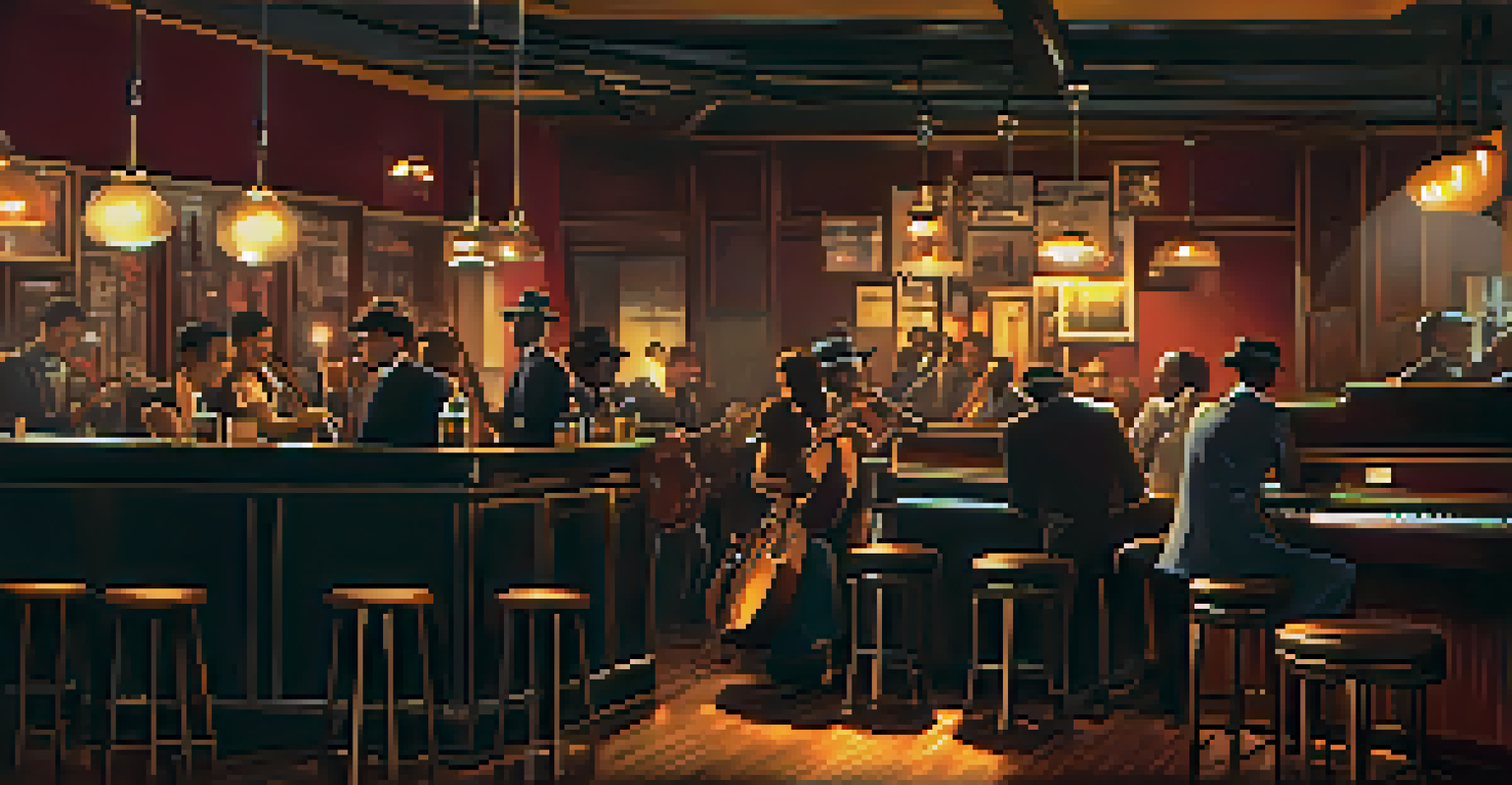 An intimate jazz club with a live band playing and an audience enjoying the music in a cozy setting.