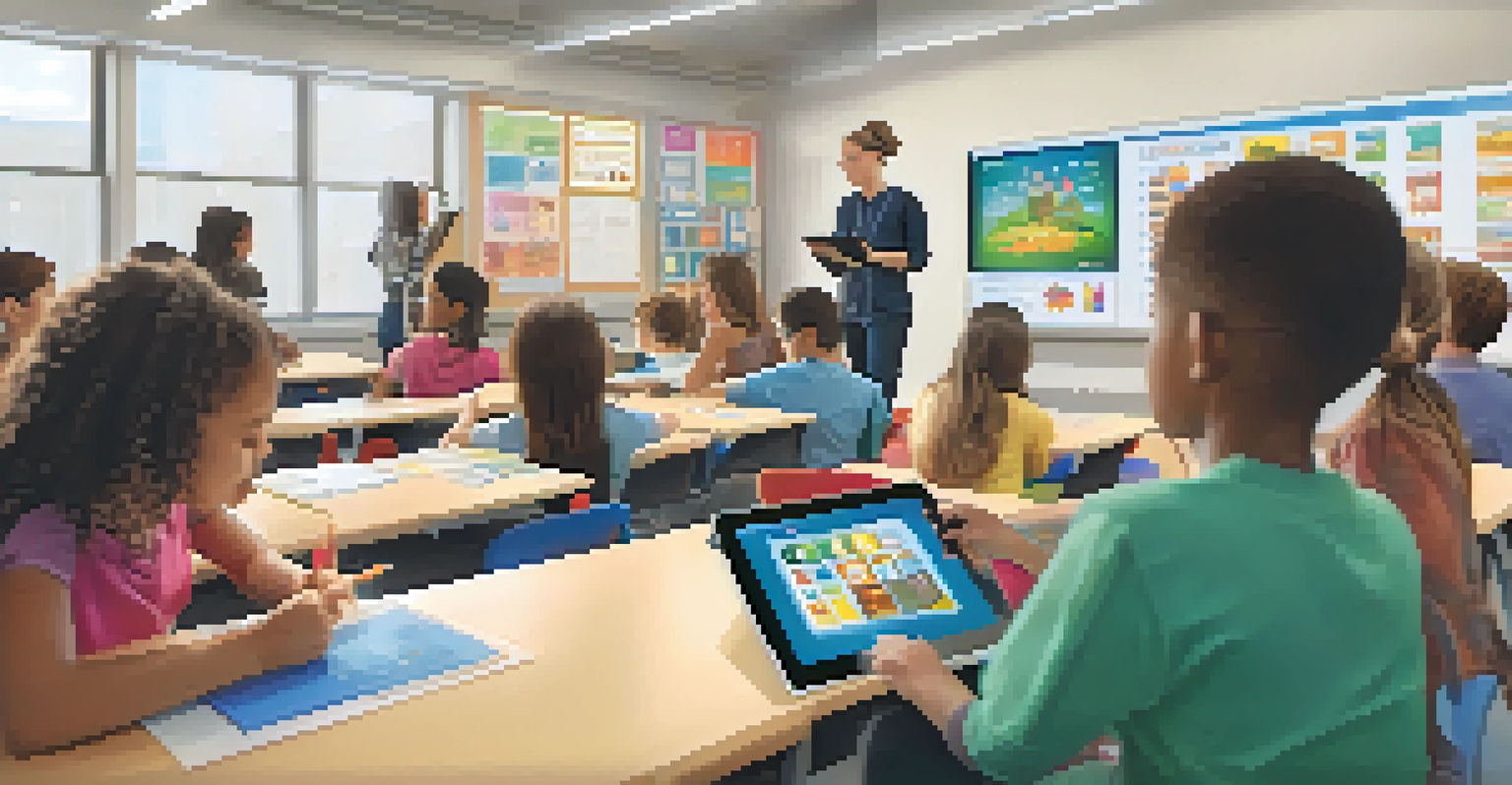 A student focused on a tablet displaying an interactive lesson in a lively classroom atmosphere.