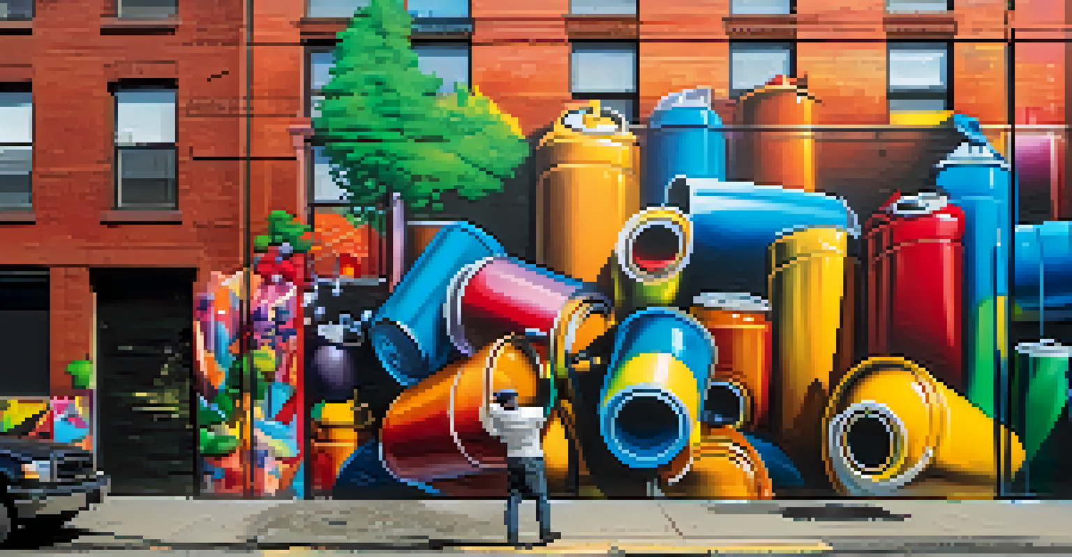 An artist spray painting a vibrant mural on a brick wall in Brooklyn, surrounded by spray paint cans.