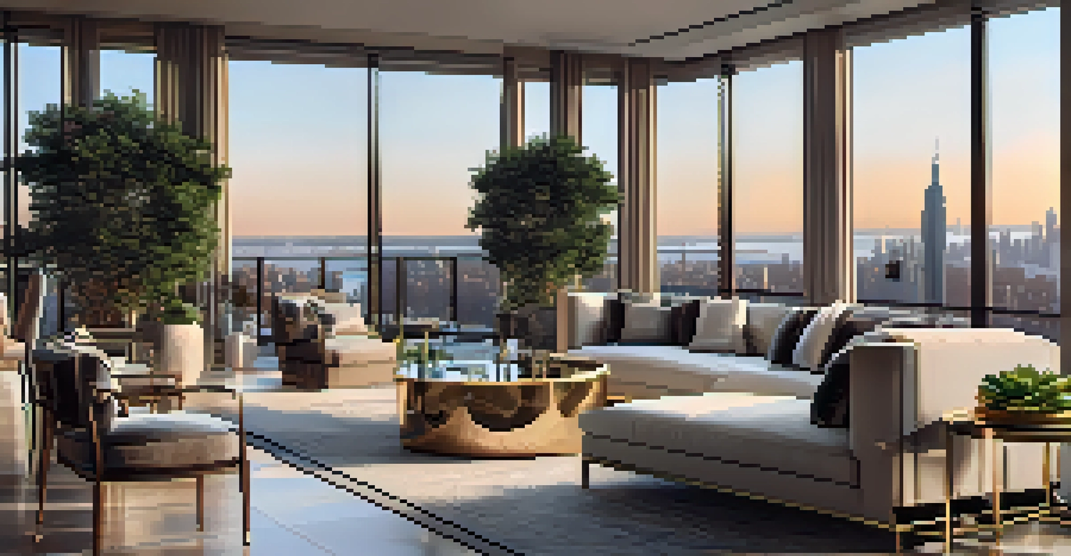 A luxurious penthouse in NYC with breathtaking sunset skyline views, featuring elegant decor and a spacious terrace.