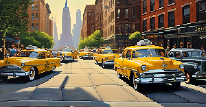 A busy New York City street in the 1950s filled with yellow taxis, vintage cars, and people in period clothing under a warm sunset.