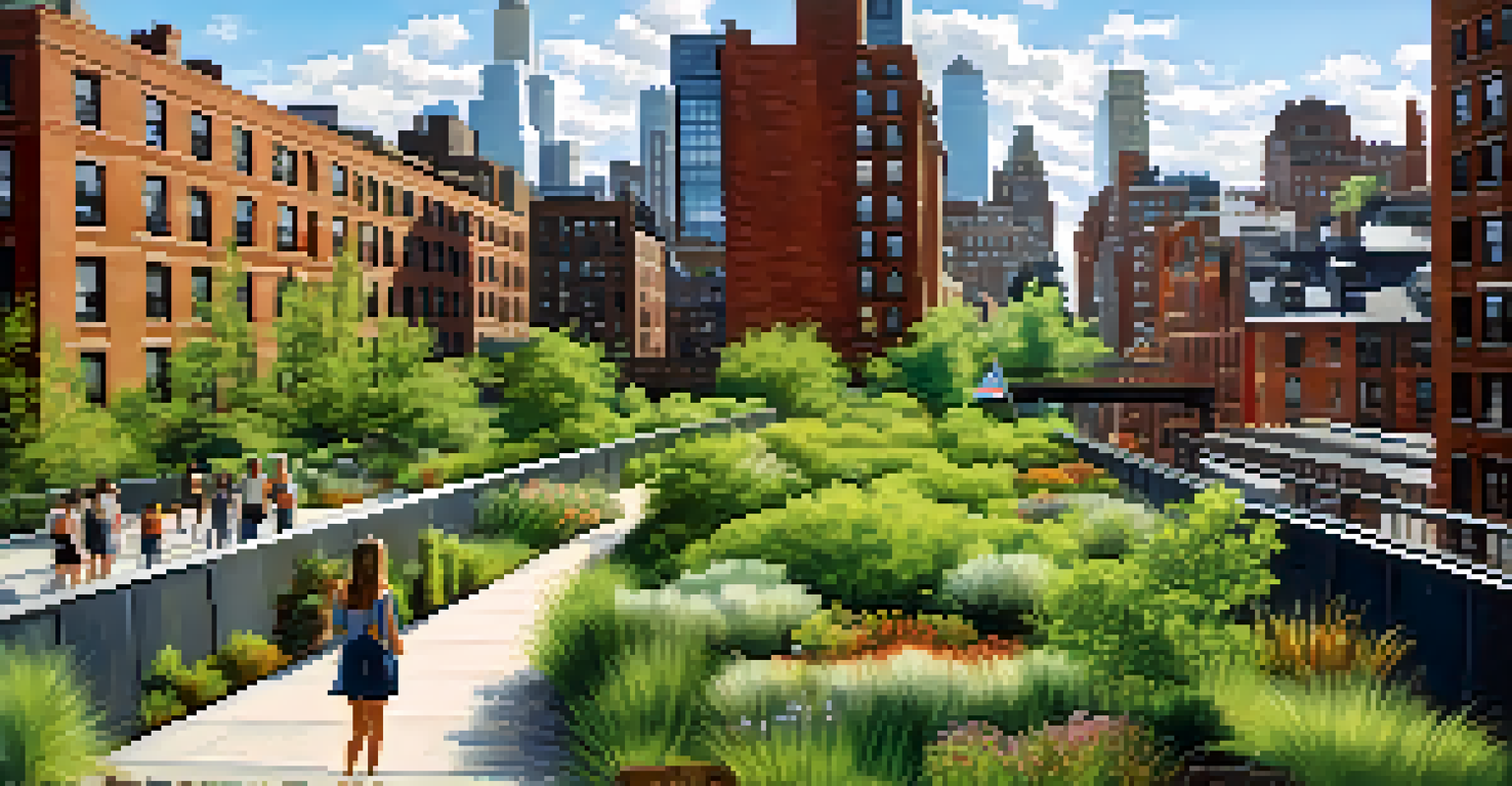 The High Line in NYC, with lush greenery and people walking, overlooking the city skyline under a blue sky with fluffy clouds.