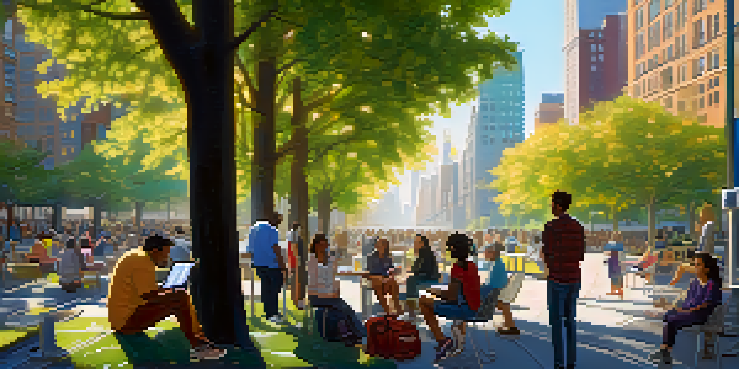 A lively New York City park scene with diverse residents using technology and digital tools, surrounded by skyscrapers and bright sunlight.