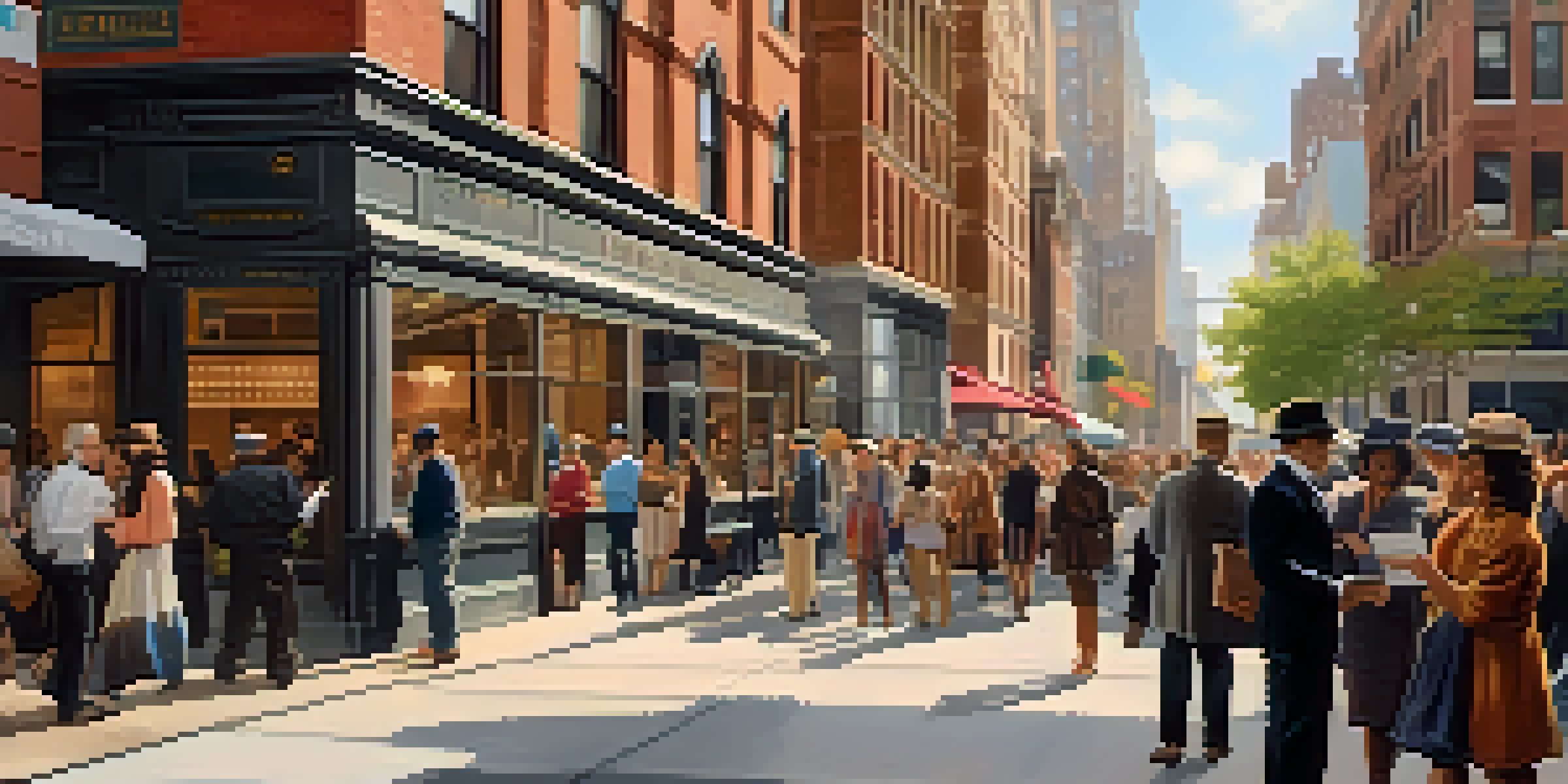 A lively street in New York City featuring a historical archive building where diverse individuals interact with a digital display of historical documents under soft afternoon sunlight.