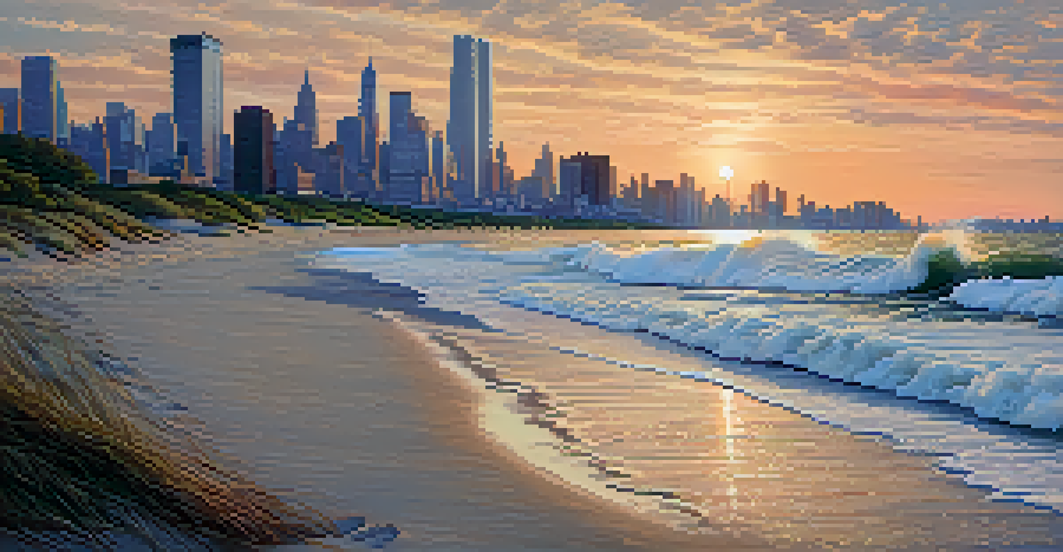 A coastal view of NYC at sunset, highlighting erosion due to rising sea levels.