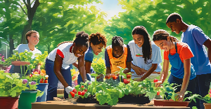 A diverse group of teenagers working together in a community garden, planting vegetables and enjoying the sunny weather in a park.