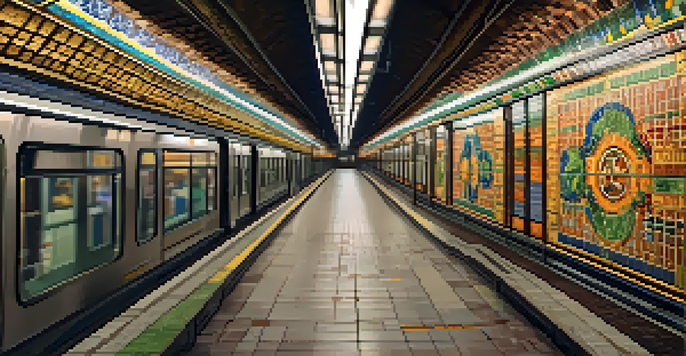 A close-up of colorful tile work in a subway tunnel with a train approaching.