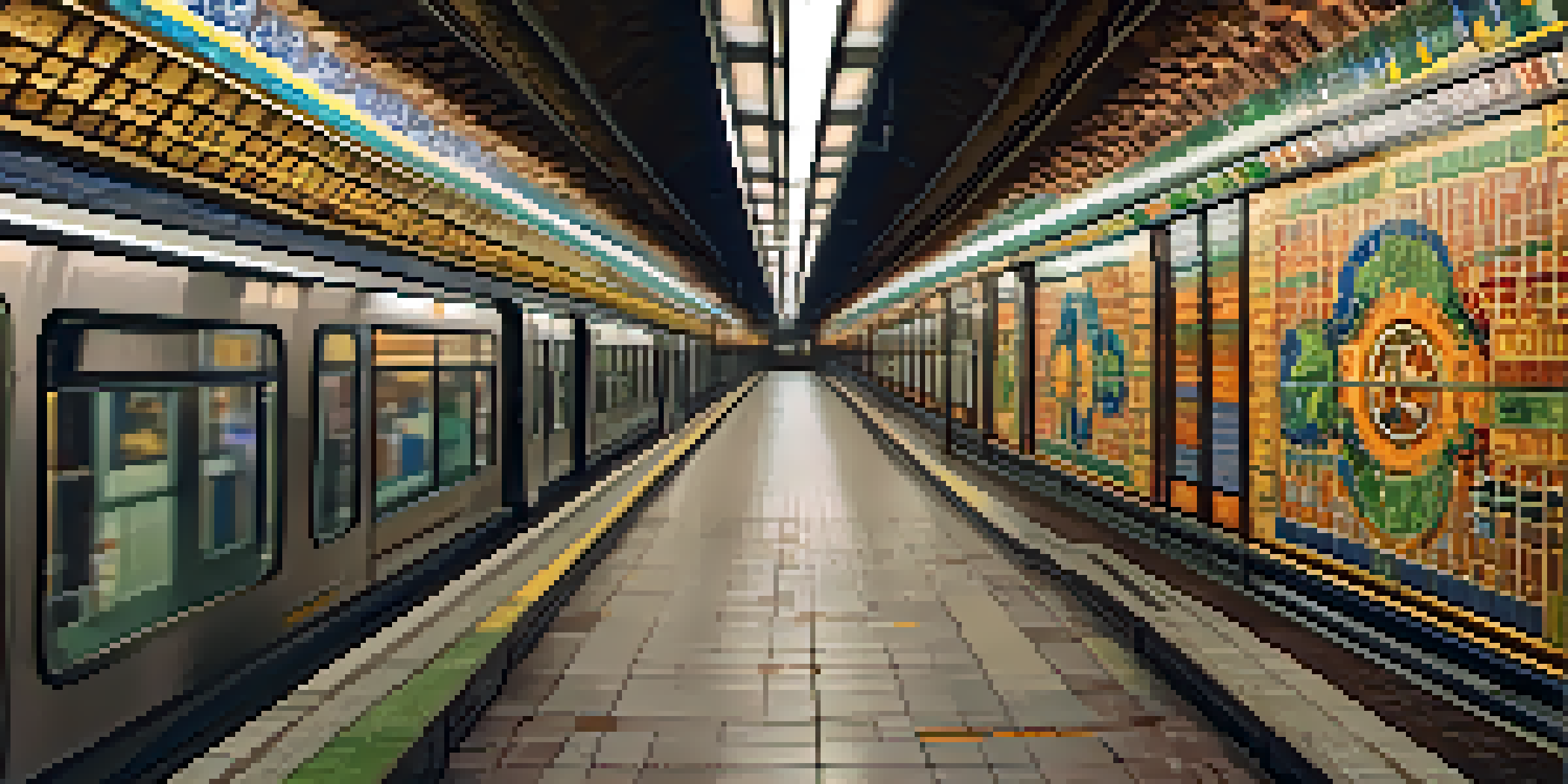 A close-up of colorful tile work in a subway tunnel with a train approaching.