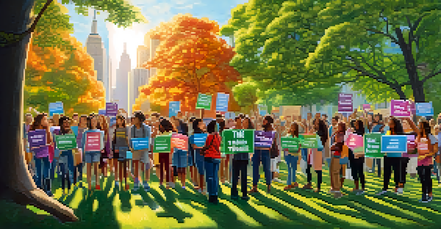 Young activists in a park in NYC holding signs for climate action, with a backdrop of city buildings and sunlight.