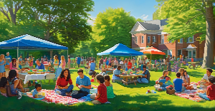 A community gathering in a park with diverse neighbors enjoying a potluck picnic, surrounded by green trees and a blue sky.