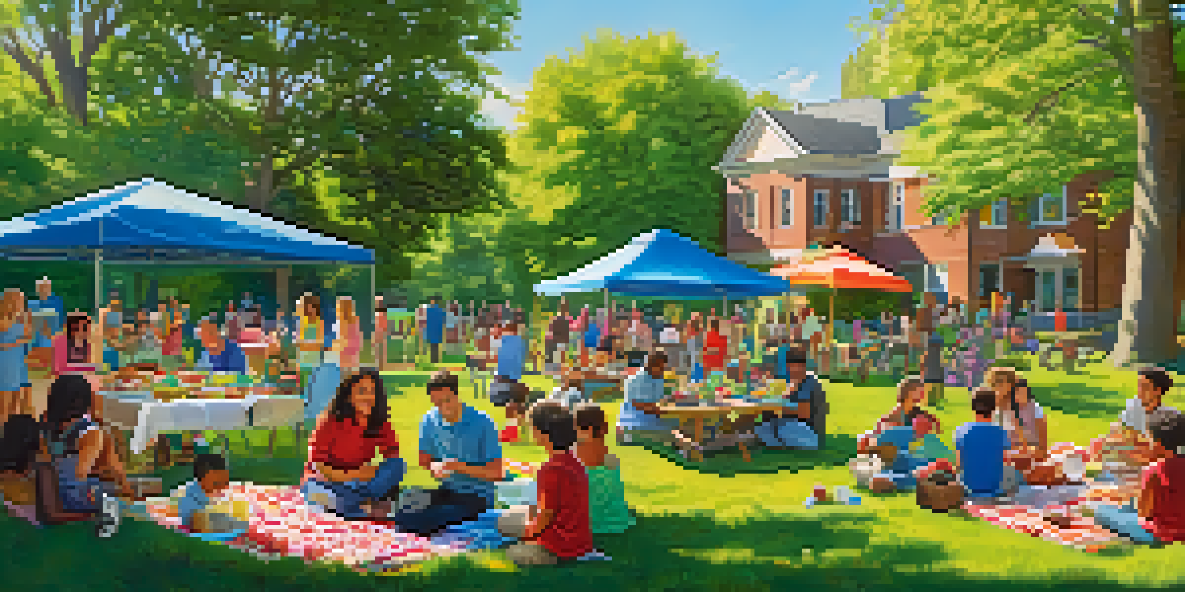 A community gathering in a park with diverse neighbors enjoying a potluck picnic, surrounded by green trees and a blue sky.