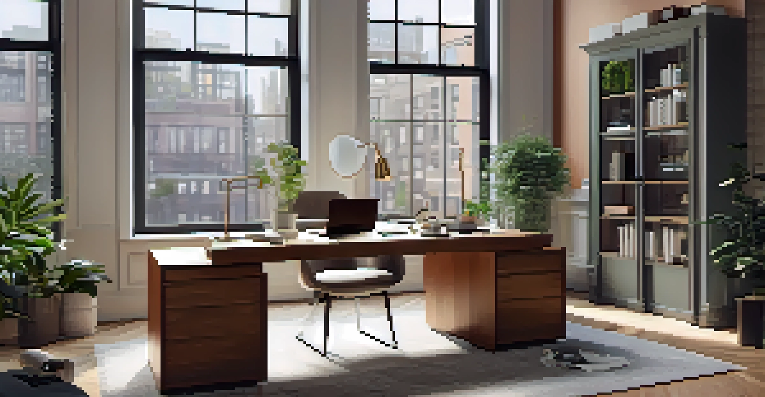 A modern NYC apartment interior with a home office setup, large windows, and cozy decor.