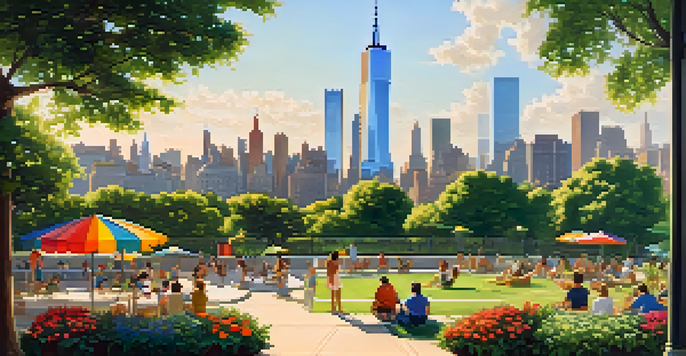 A wide view of New York City during a hot summer day, with people in a green park, flowers in bloom, and tall buildings under a blue sky.