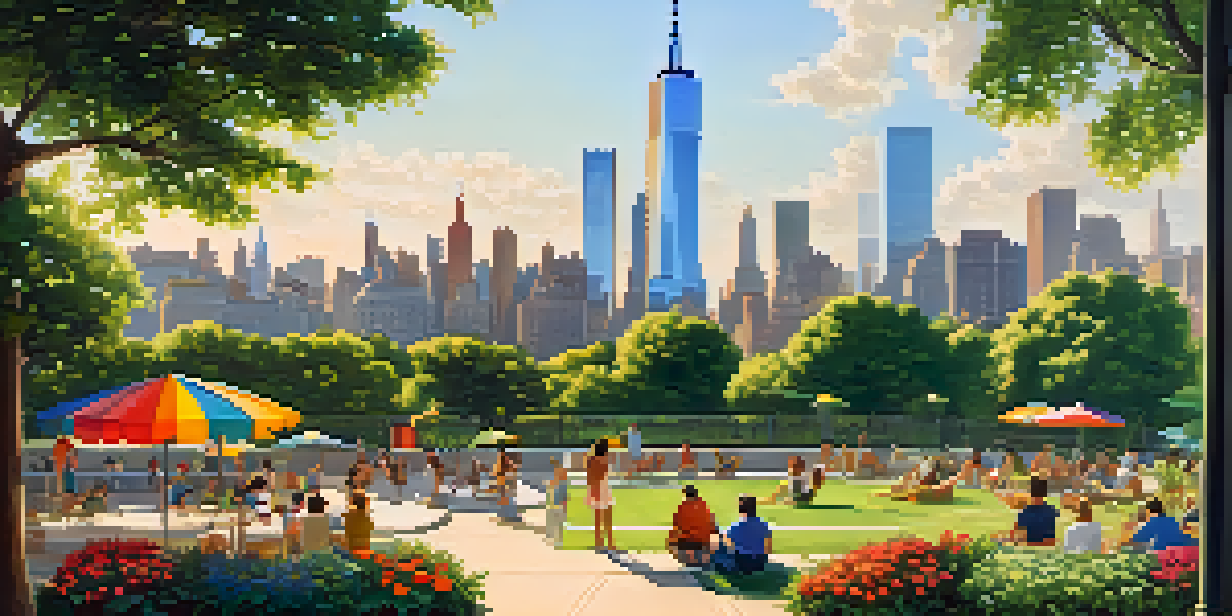 A wide view of New York City during a hot summer day, with people in a green park, flowers in bloom, and tall buildings under a blue sky.