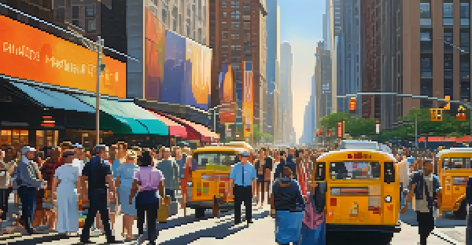 A diverse group of people walking on the streets of New York City with skyscrapers in the background during golden hour.