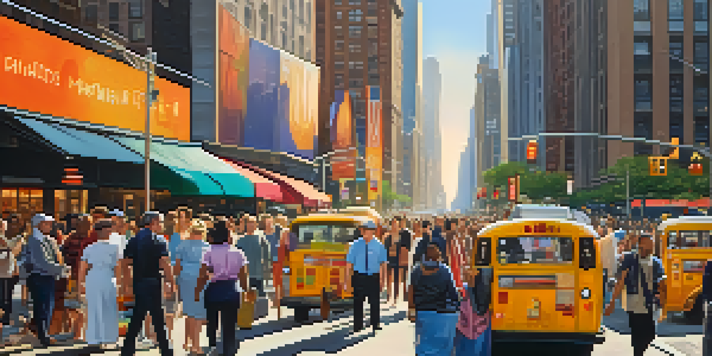 A diverse group of people walking on the streets of New York City with skyscrapers in the background during golden hour.