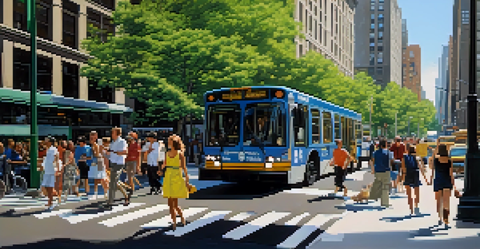 A diverse group of people using public transportation in a vibrant New York City street scene, with electric buses and green trees.