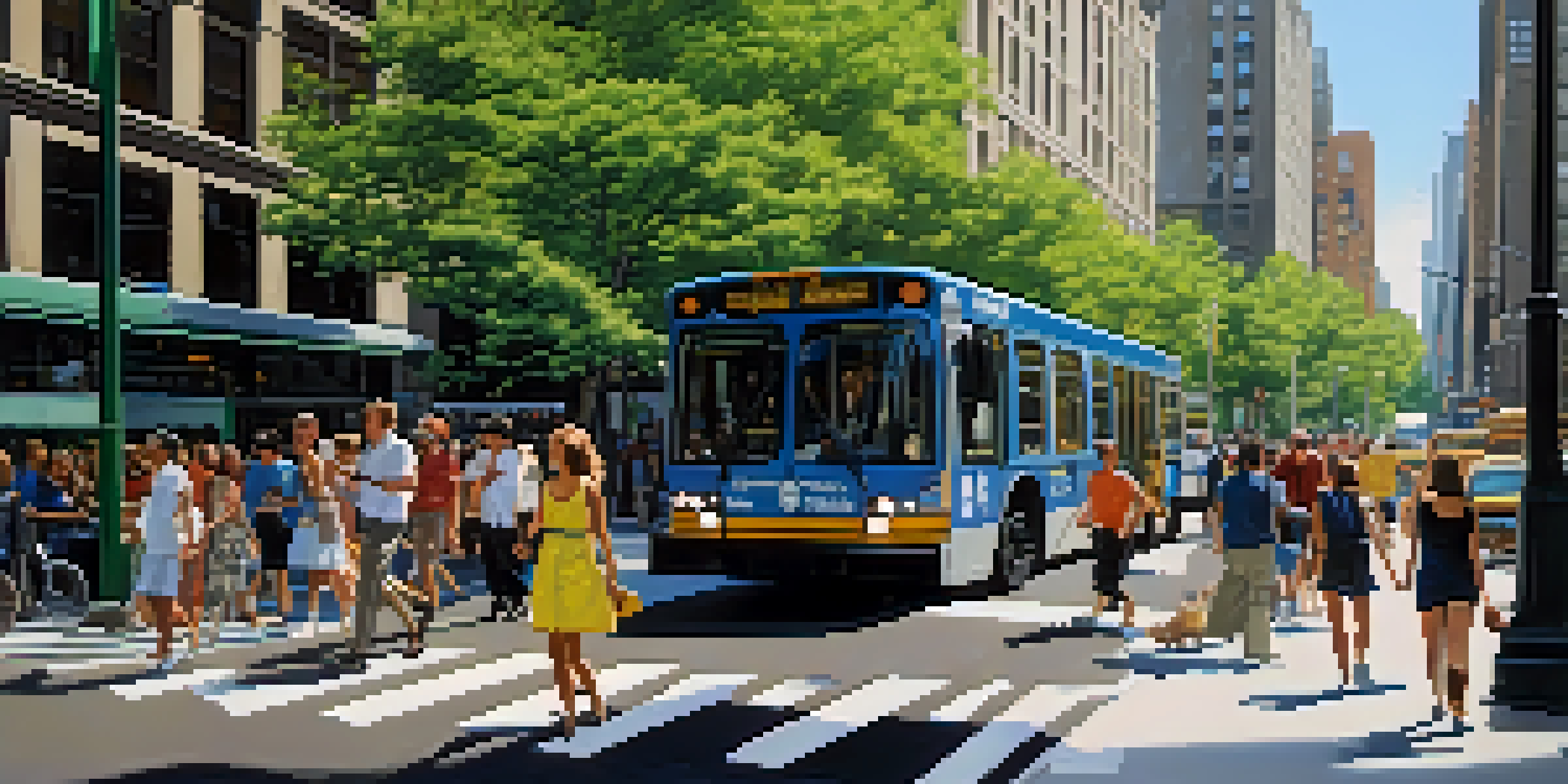 A diverse group of people using public transportation in a vibrant New York City street scene, with electric buses and green trees.
